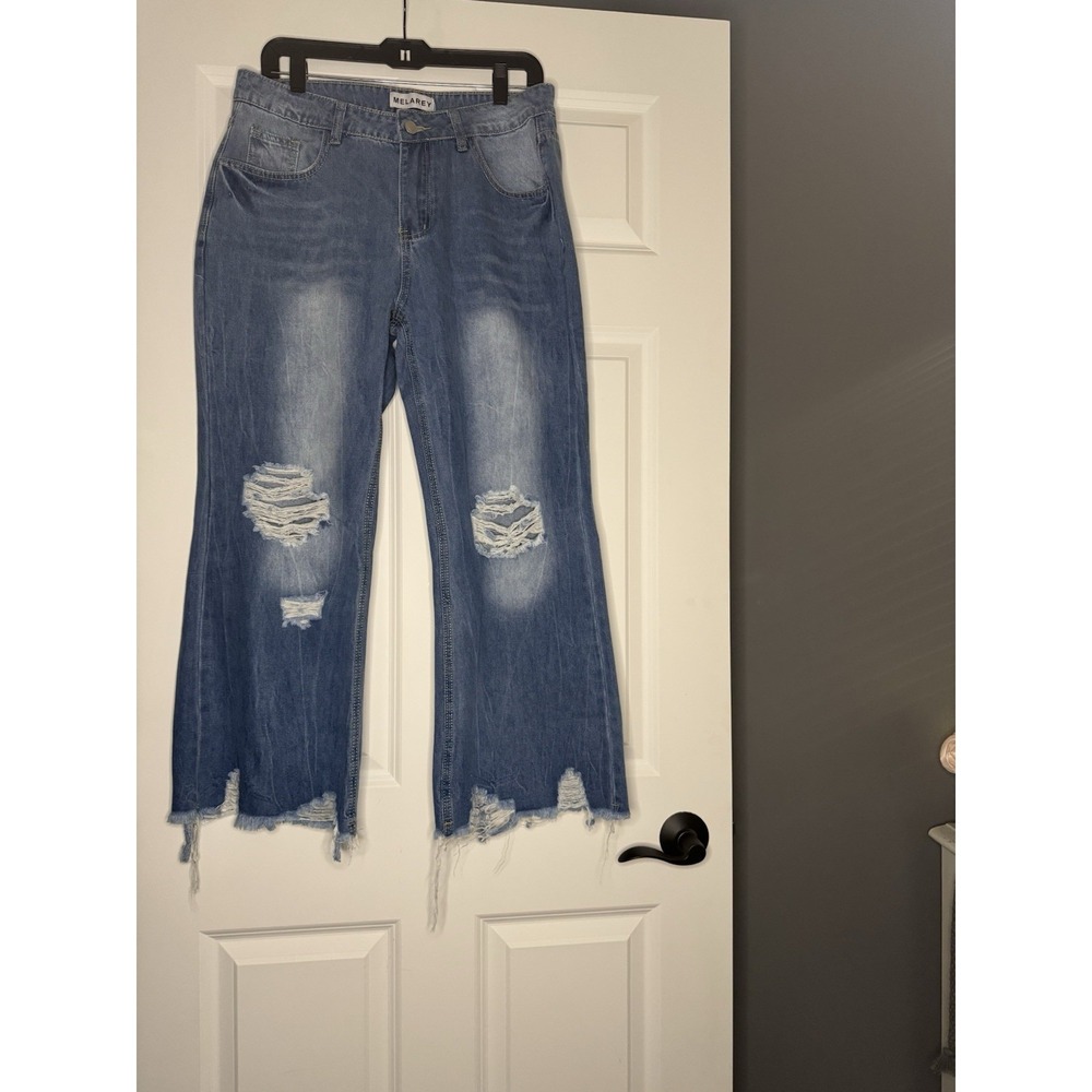 Melarey  Cropped Denim Jeans Blue Distressed Large